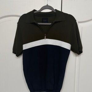 Quarter-Zip Short-Sleeve Sweater in Olive, White & Navy